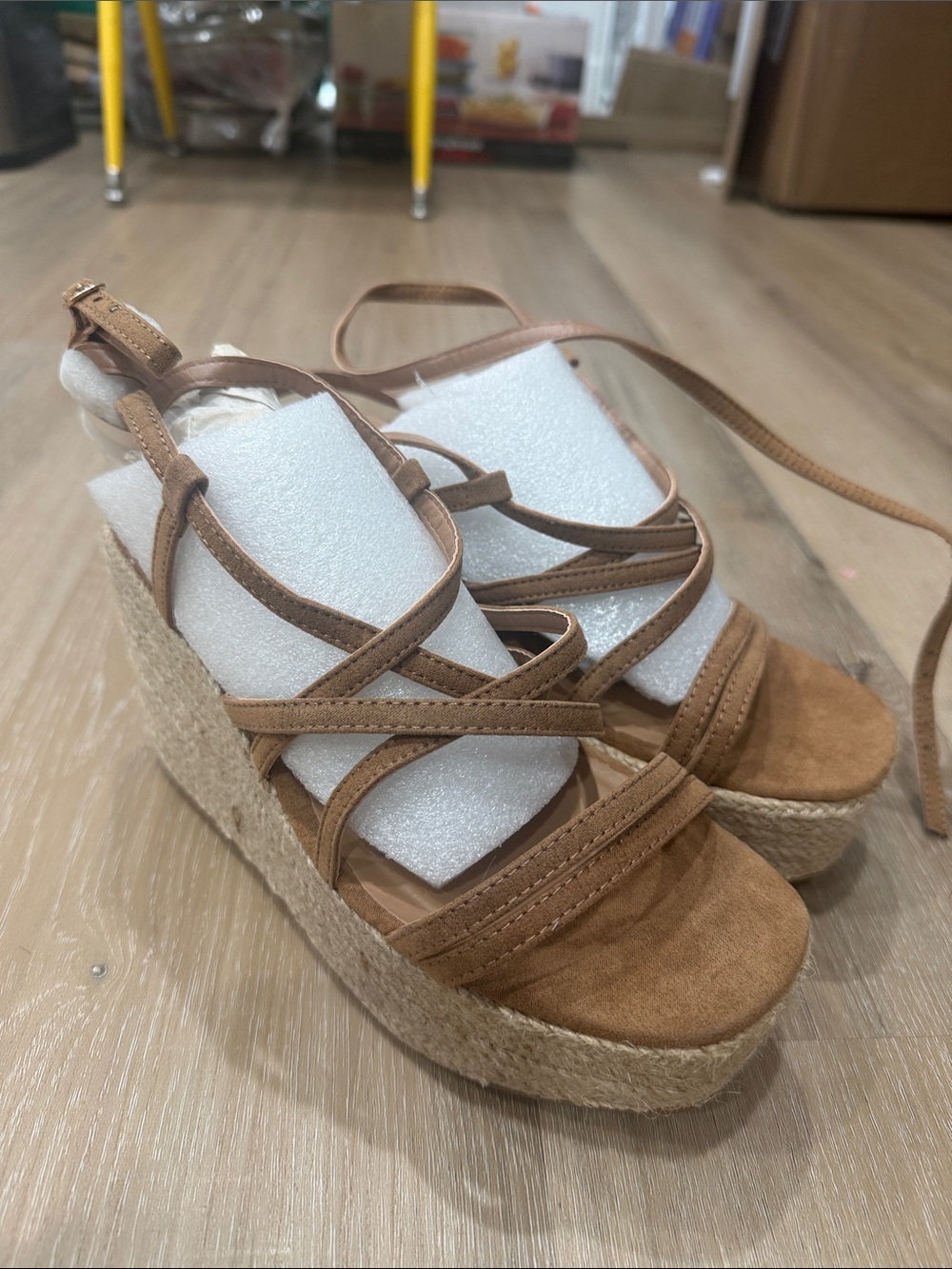 BAMBOO Tan Strappy Espadrille Wedge Sandals